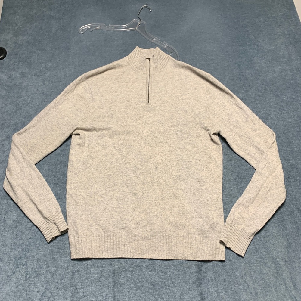 Qi Cashmere Sweater Mens Large Gray Mock Neck Quarter Zip Outdoor Long Sleeve